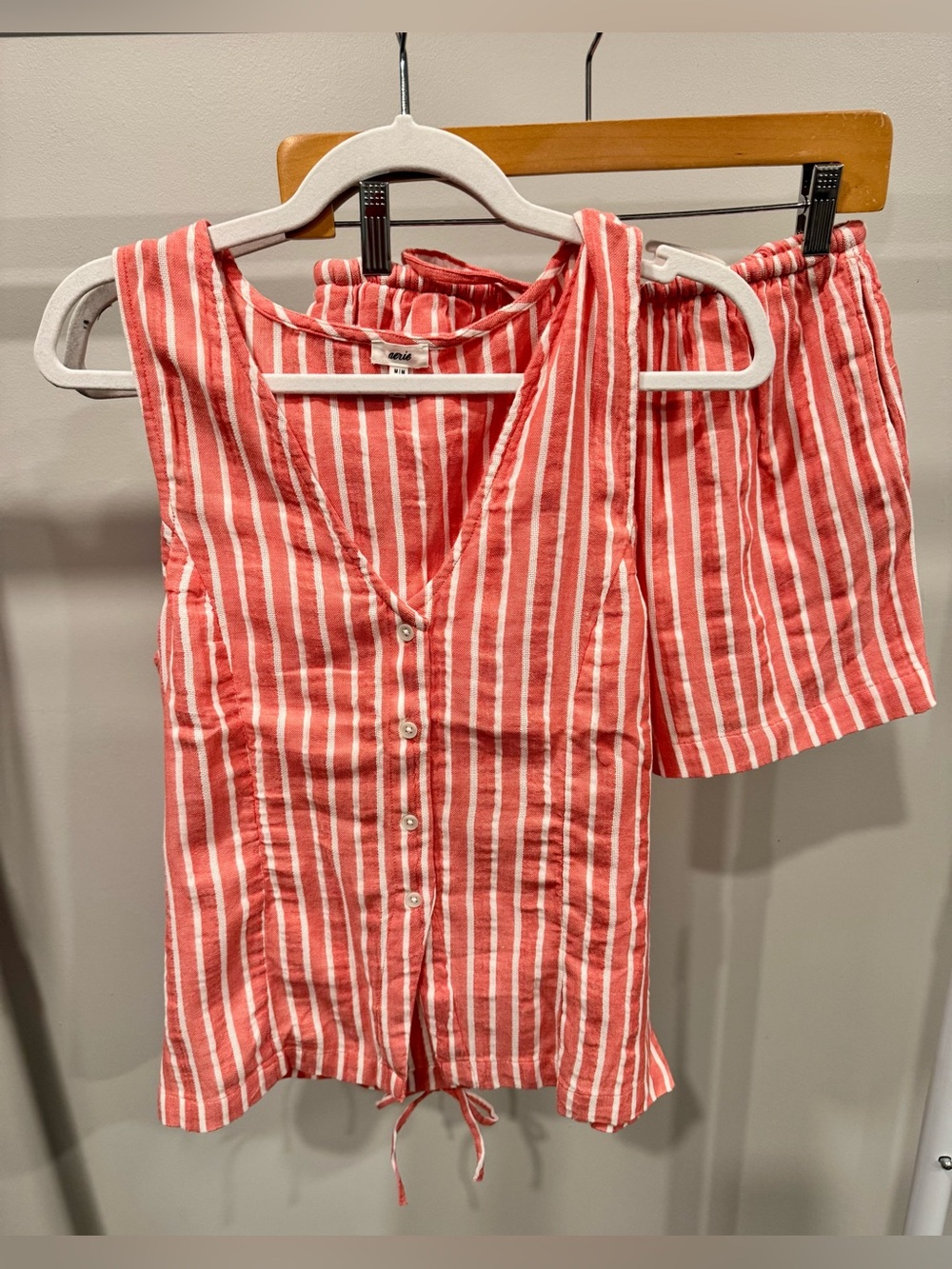 aerie Coral and White Striped Button-down Top and Shorts Set